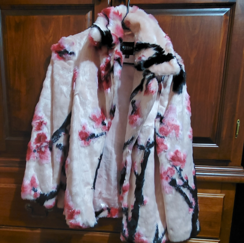 GUESS Cherry Blossom pink faux fur coat